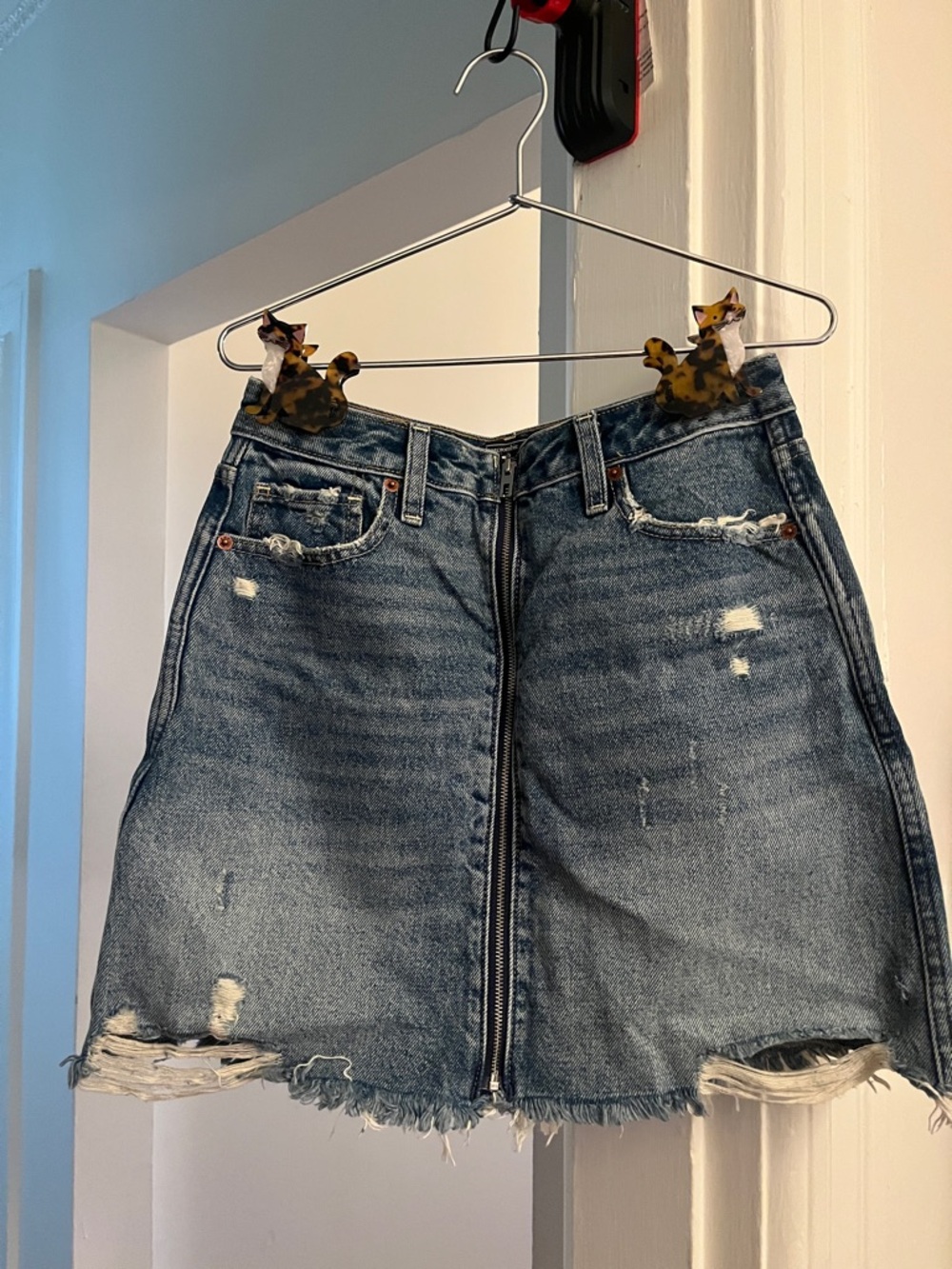 A&F Distressed Blue Denim Zip-Front Mini Skirt